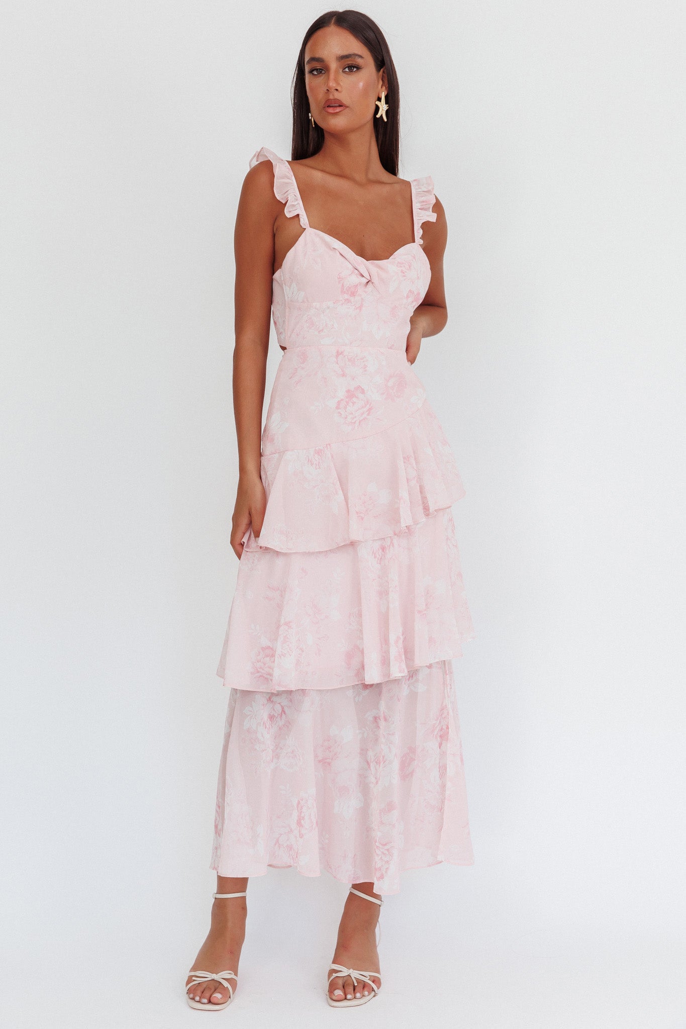 Abito lungo con spalline e volant Veda Roses Blush