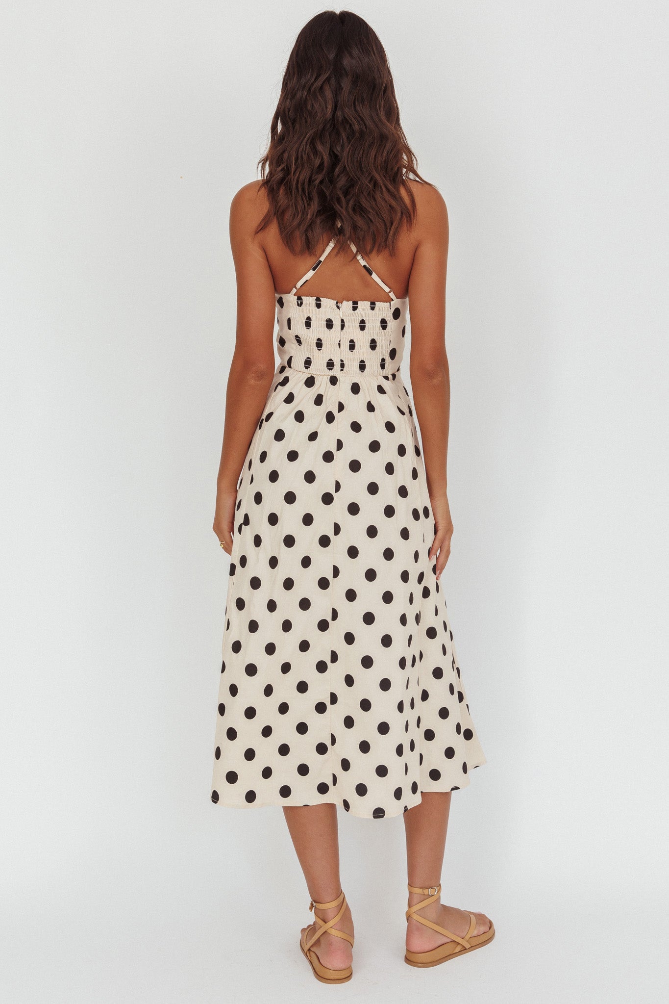 Abito midi con schiena incrociata Olga Second Glance a pois beige