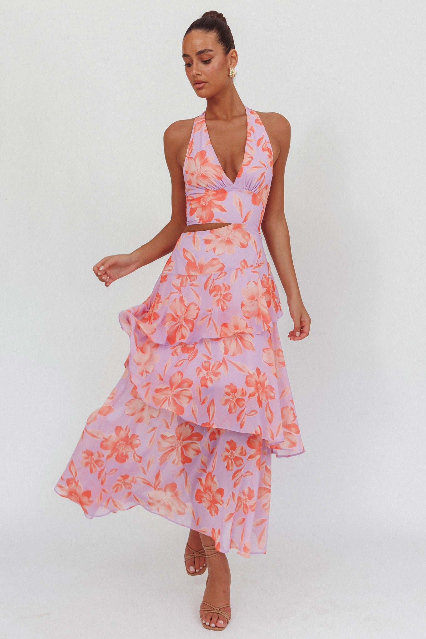 Abito lungo con scollo all'americana e cut-out Aura Points, floreale lilla