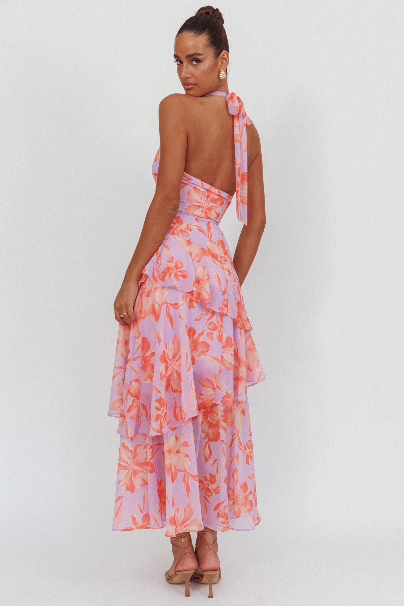 Abito lungo con scollo all'americana e cut-out Aura Points, floreale lilla