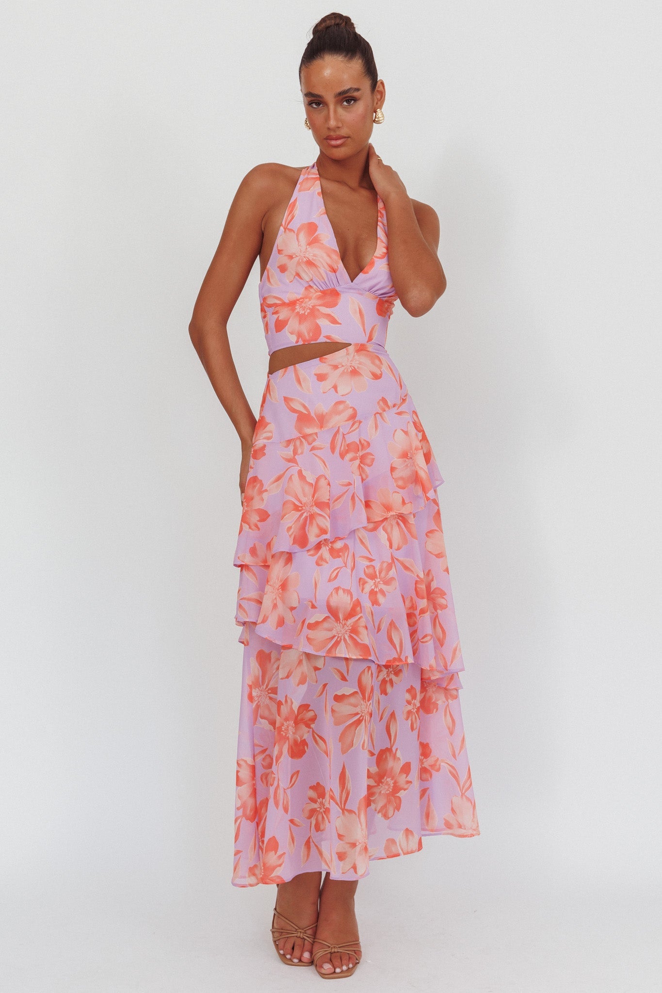 Abito lungo con scollo all'americana e cut-out Aura Points, floreale lilla
