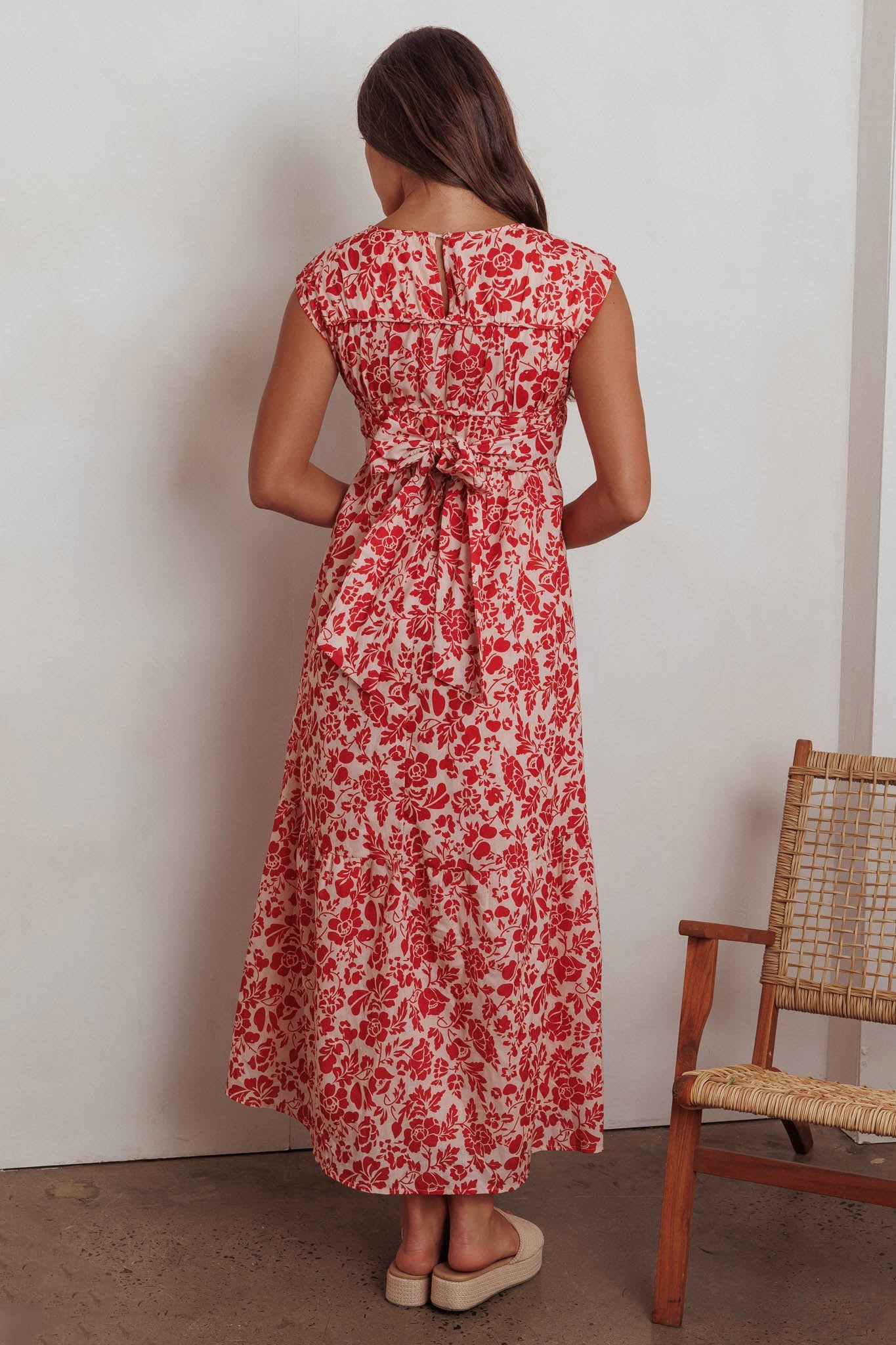 Vestito lungo con corpetto arricciato Called Out, floreale, rosso