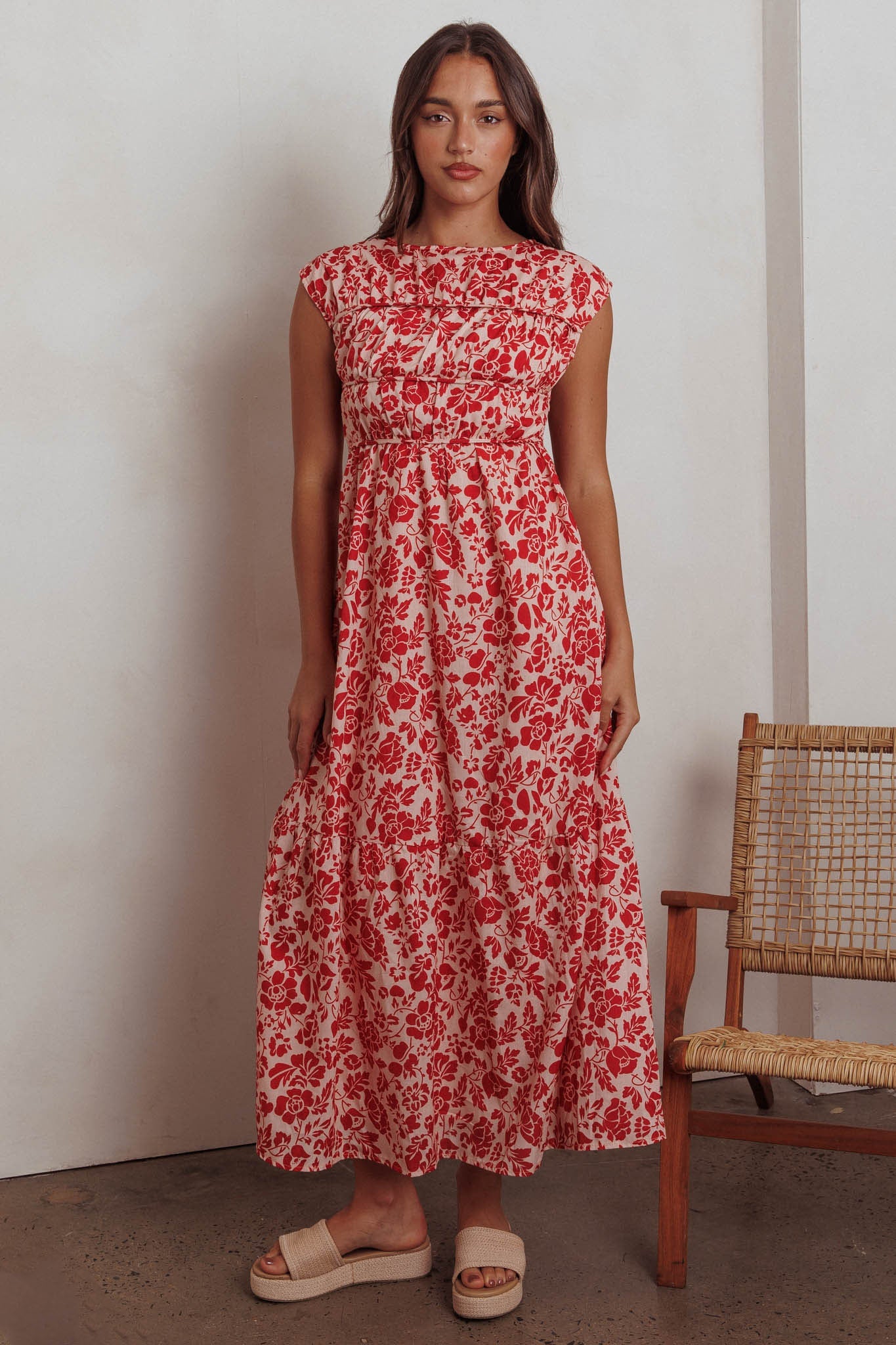 Vestito lungo con corpetto arricciato Called Out, floreale, rosso
