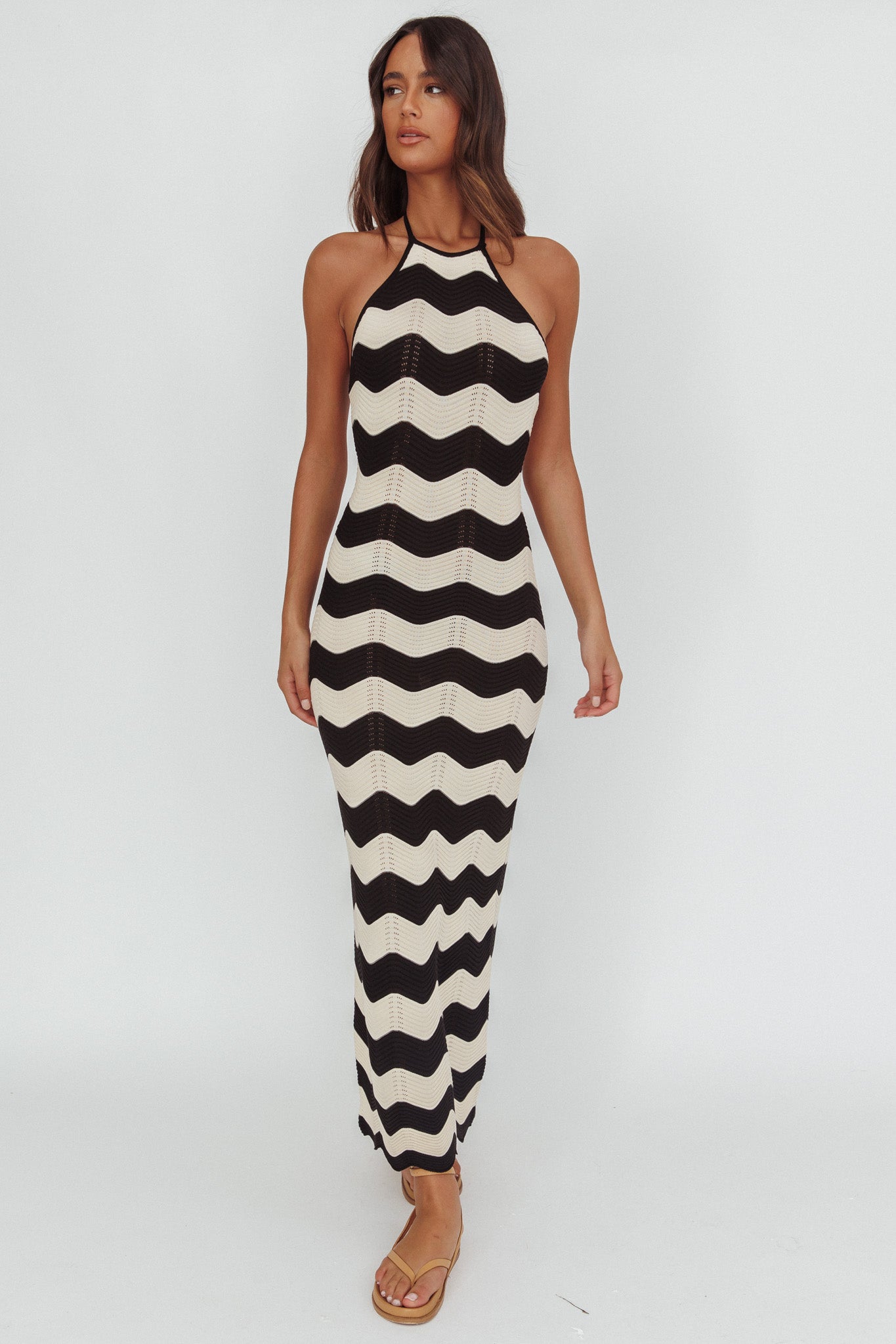 Abito lungo in maglia con scollo all'americana Yelena, crema a zig-zag