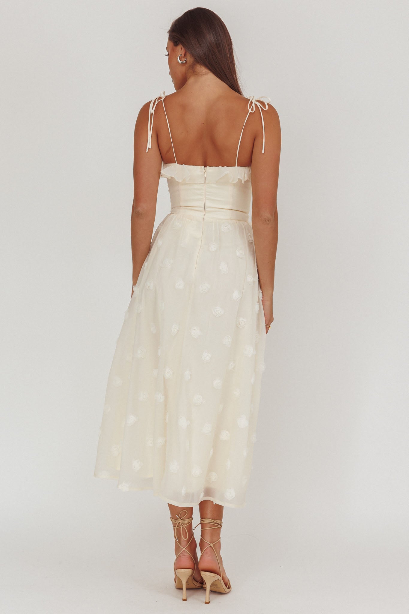 Abito midi con spalline annodate e decorazioni Gelati, color crema