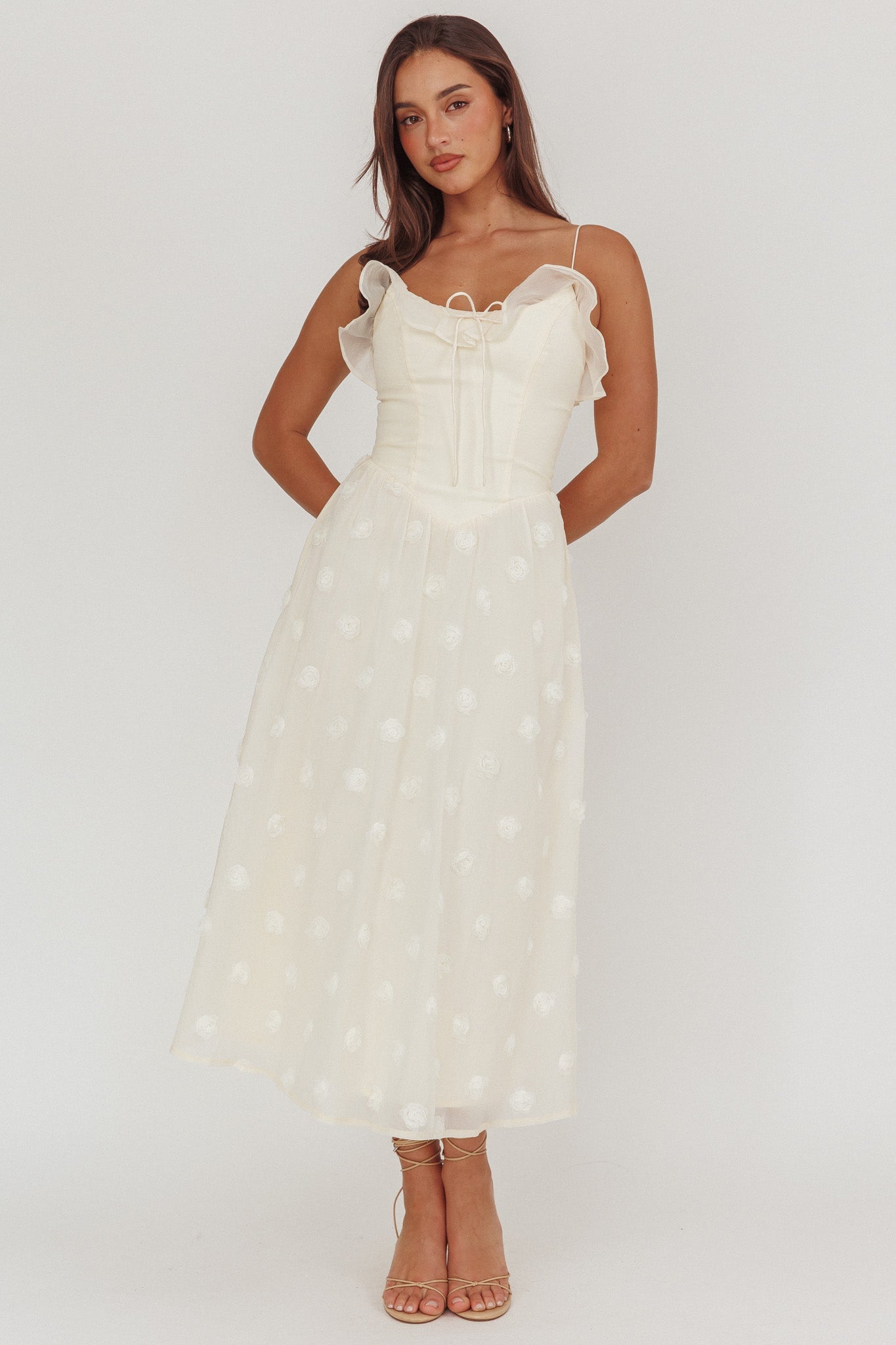 Abito midi con spalline annodate e decorazioni Gelati, color crema