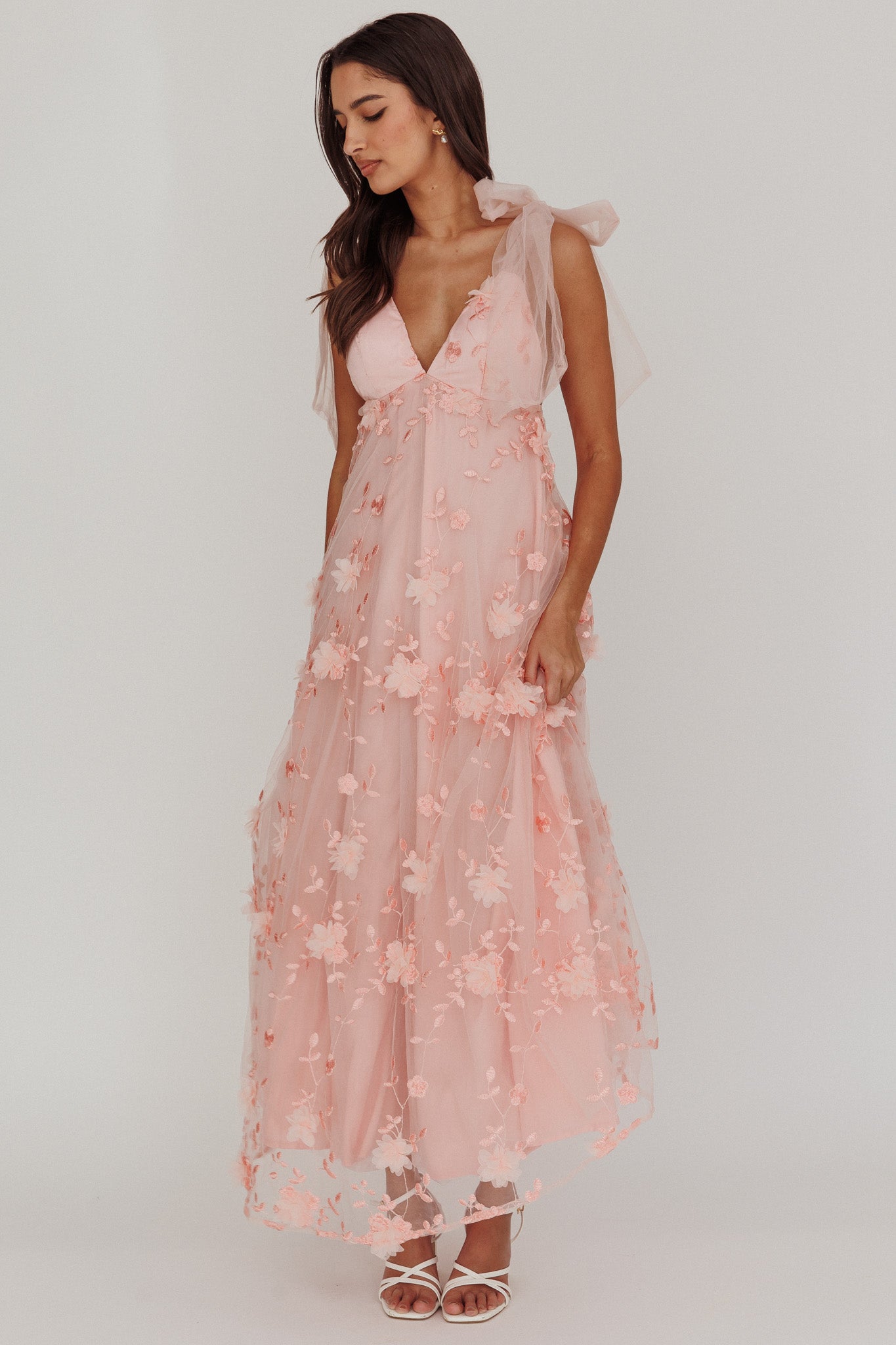 Abito lungo con spalle annodate Chantilly Blush