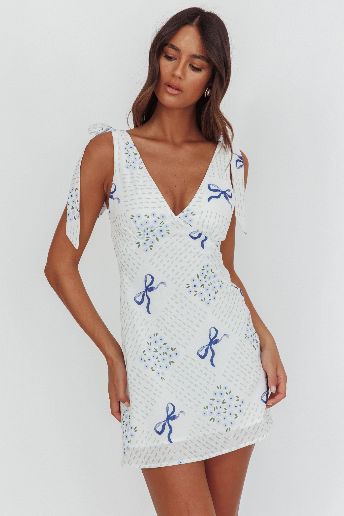 Mykonos Morning Mini abito con spalle annodate e fiocchi blu