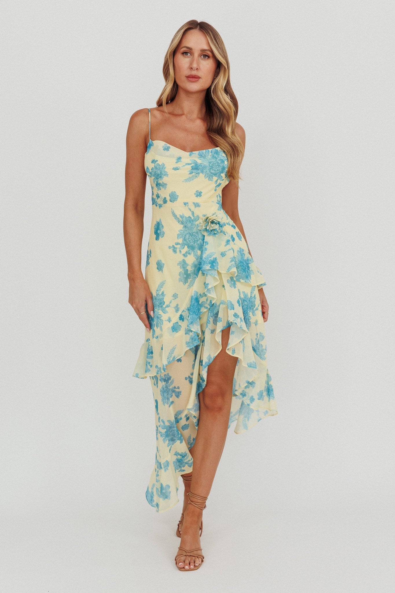 Abito midi con volant e rosetta Chances Floral Lemon