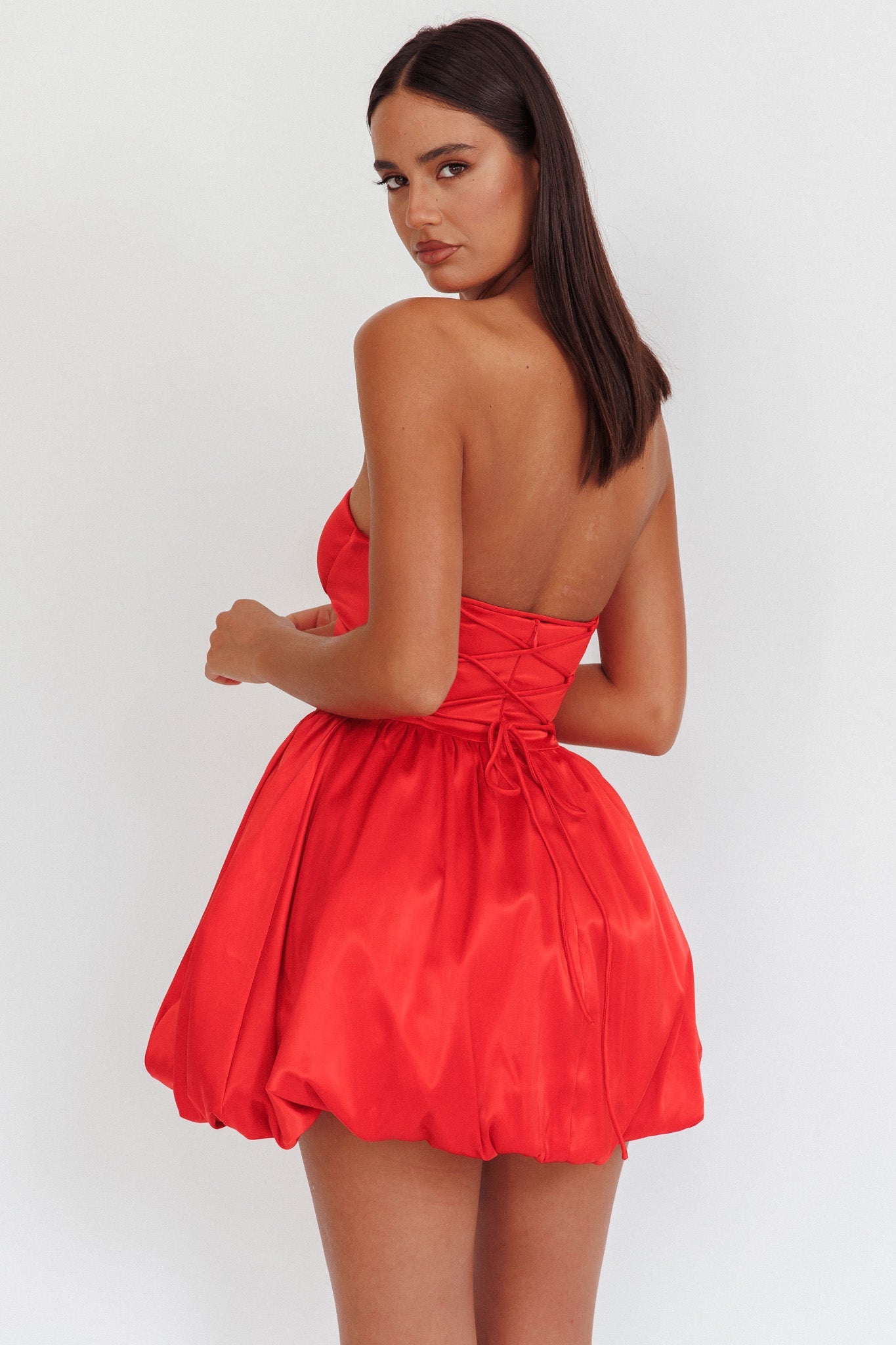 For Love Mini abito rosso con gonna a palloncino senza spalline