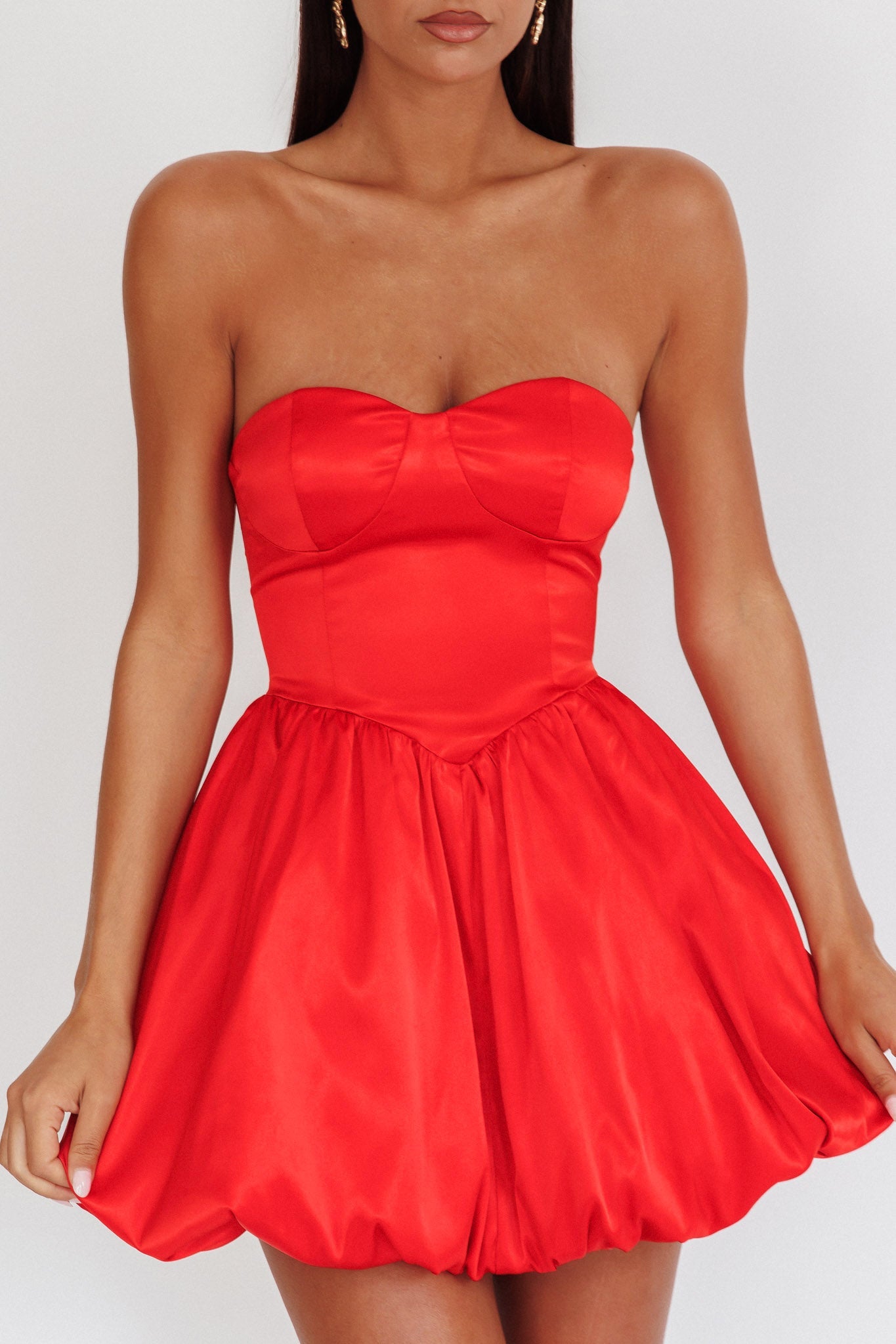 For Love Mini abito rosso con gonna a palloncino senza spalline