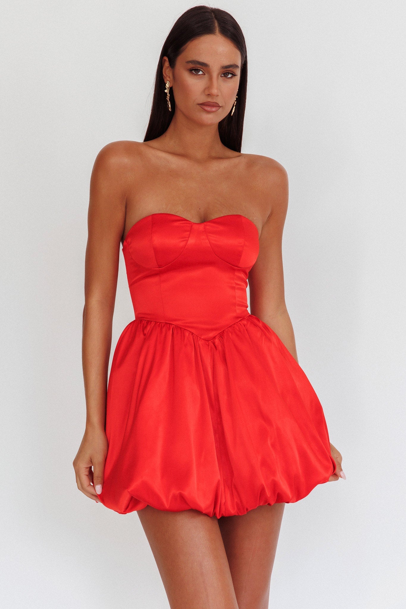 For Love Mini abito rosso con gonna a palloncino senza spalline