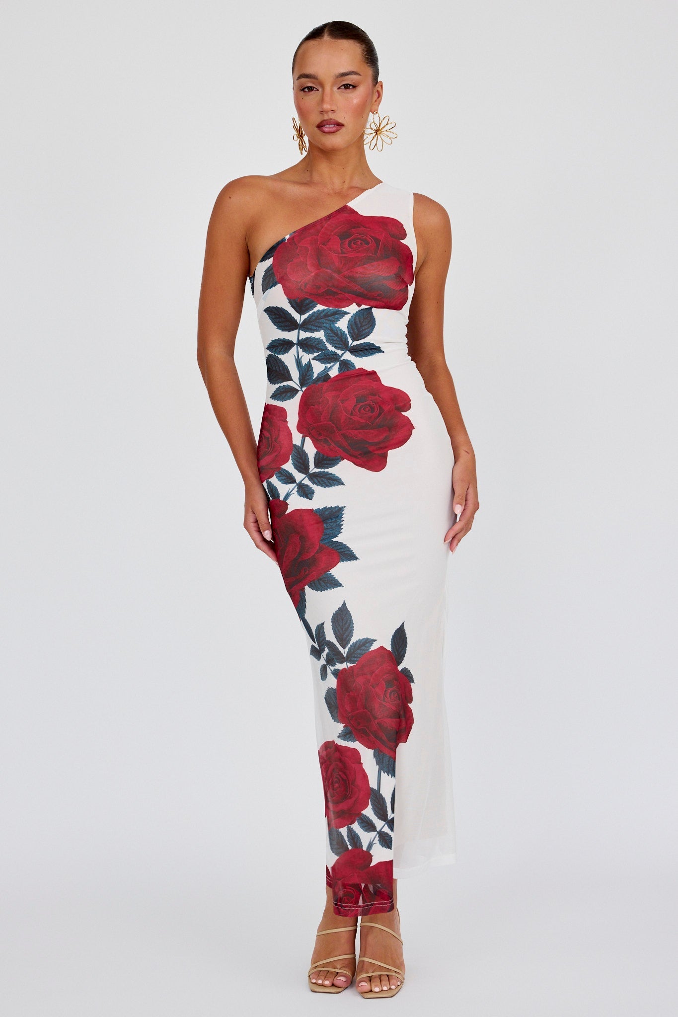 Abito lungo in rete monospalla Desiree rosa