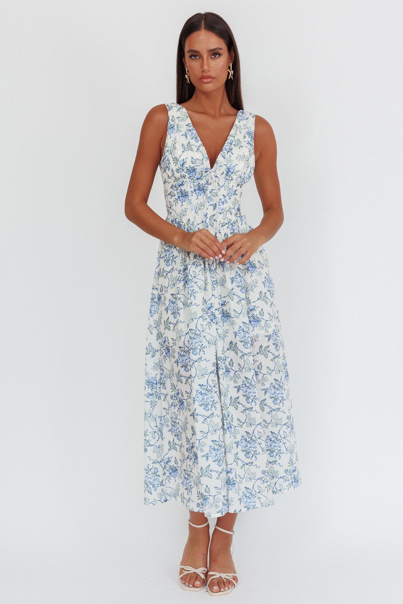 Abito lungo con vita basca Spring Dawn floreale blu
