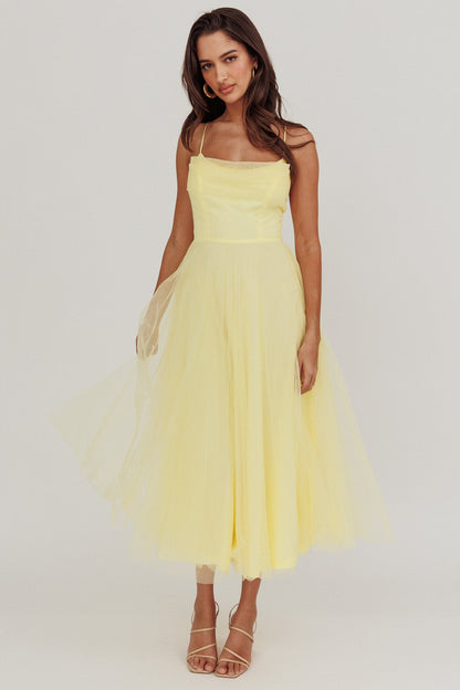 Abito midi in rete con scollo a pieghe Floating By giallo