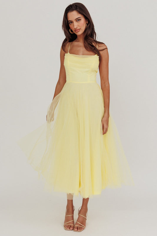 Abito midi in rete con scollo a pieghe Floating By giallo