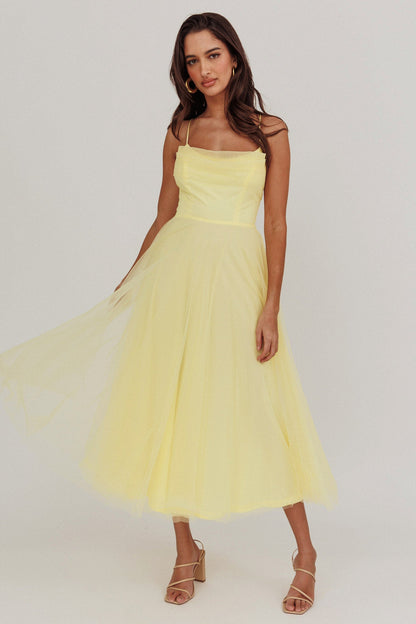 Abito midi in rete con scollo a pieghe Floating By giallo
