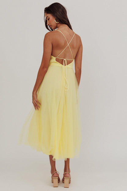 Abito midi in rete con scollo a pieghe Floating By giallo