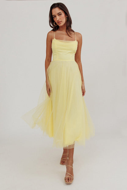 Abito midi in rete con scollo a pieghe Floating By giallo