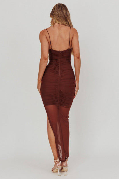 Good Vibes Abito midi trasparente con spacco e scollo a V color cioccolato