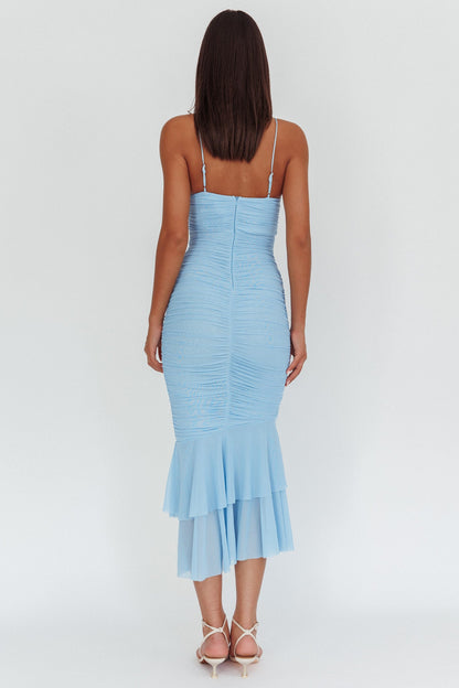Abito midi Nadia con volant e scollo arricciato Blu