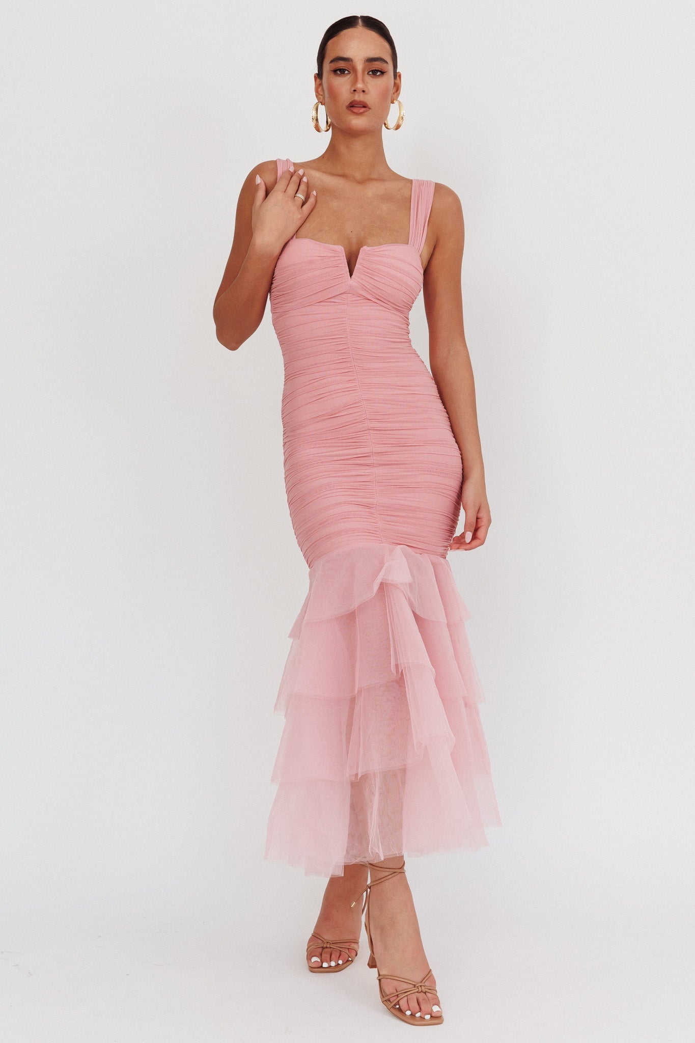 Abito lungo Nadia con volant e orlo in tulle Rosa
