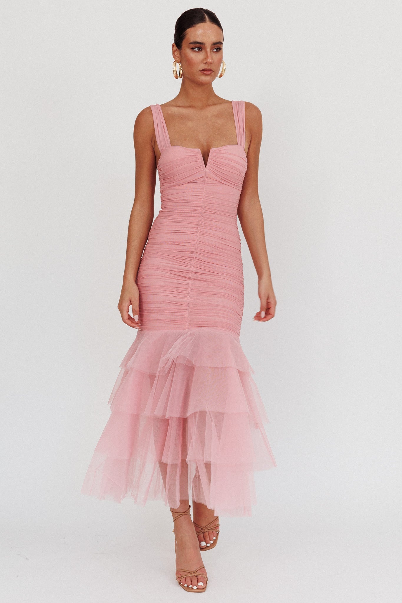 Abito lungo Nadia con volant e orlo in tulle Rosa