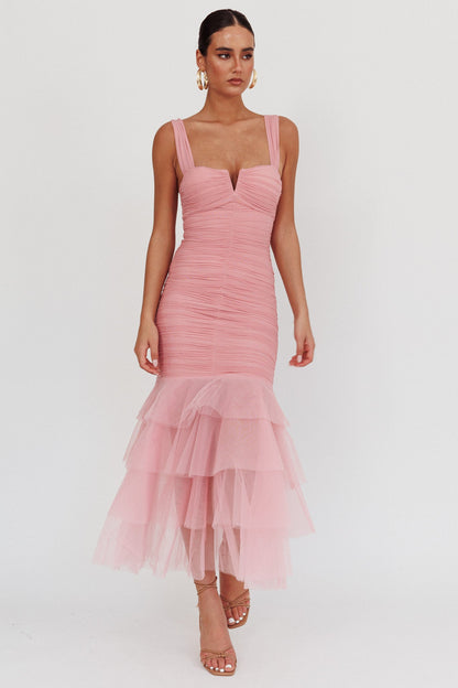 Abito lungo Nadia con volant e orlo in tulle Rosa