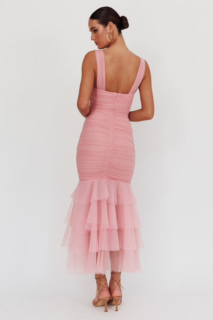 Abito lungo Nadia con volant e orlo in tulle Rosa