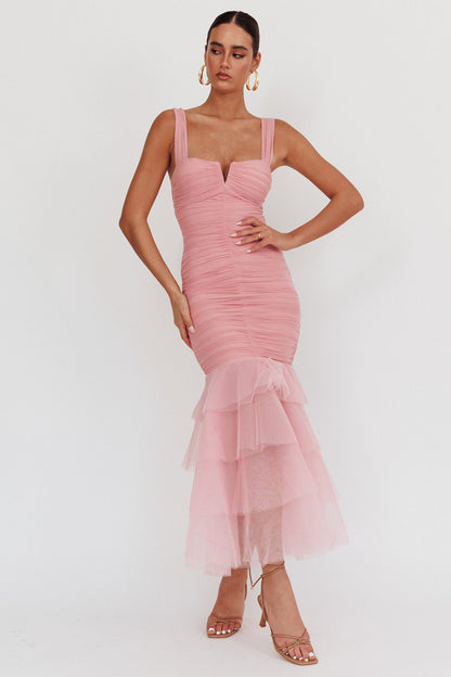 Abito lungo Nadia con volant e orlo in tulle Rosa