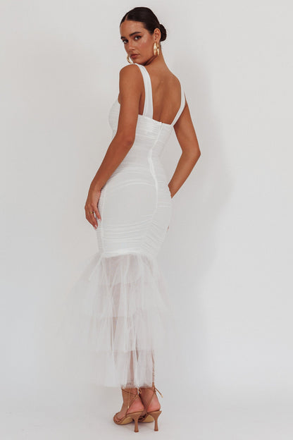 Abito lungo con orlo in tulle e balze Nadia bianco