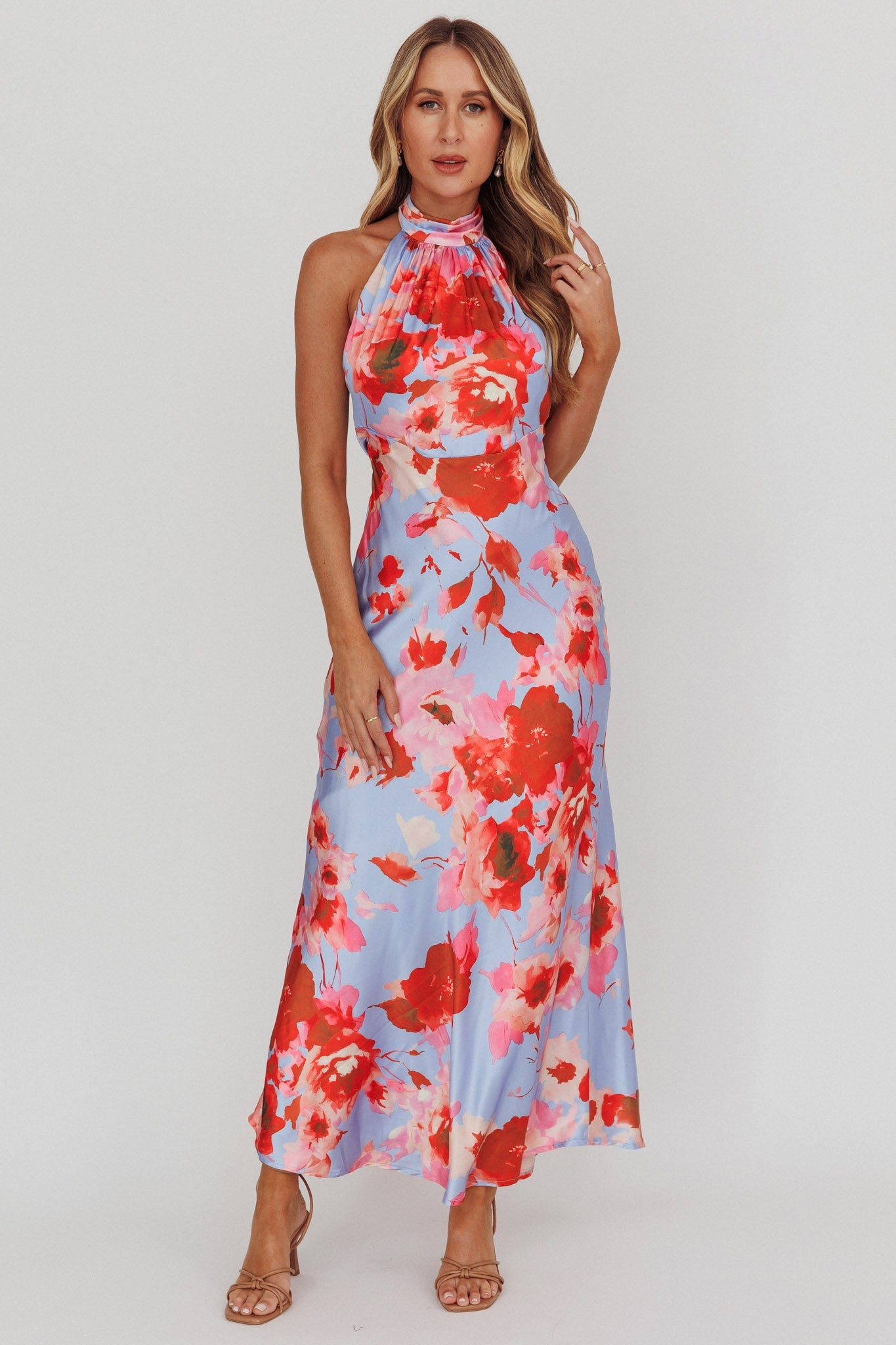 Abito lungo Shana con scollo all'americana Roses Blue