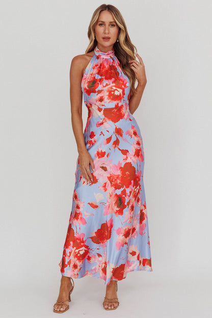 Abito lungo Shana con scollo all'americana Roses Blue