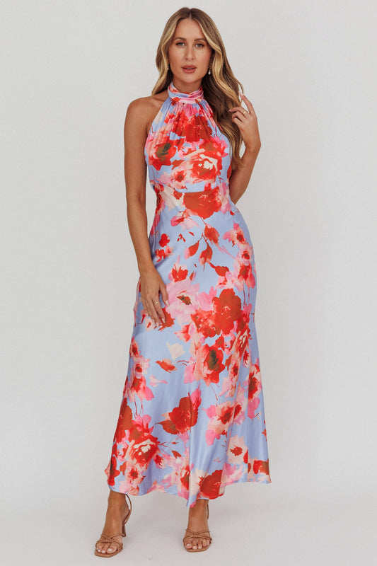 Abito lungo Shana con scollo all'americana Roses Blue