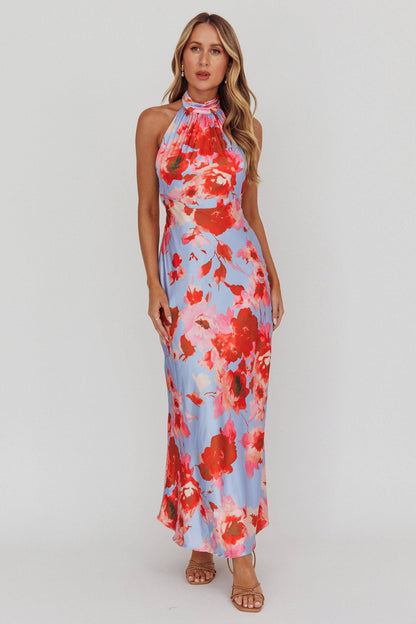 Abito lungo Shana con scollo all'americana Roses Blue