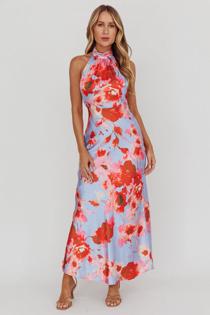 Abito lungo Shana con scollo all'americana Roses Blue