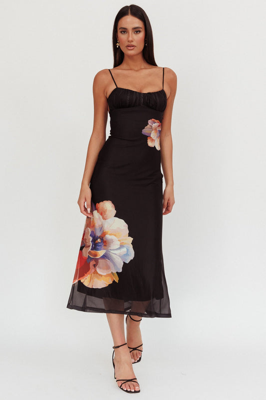Nerida Gathered Bust Maxi Dress Fiori Nero