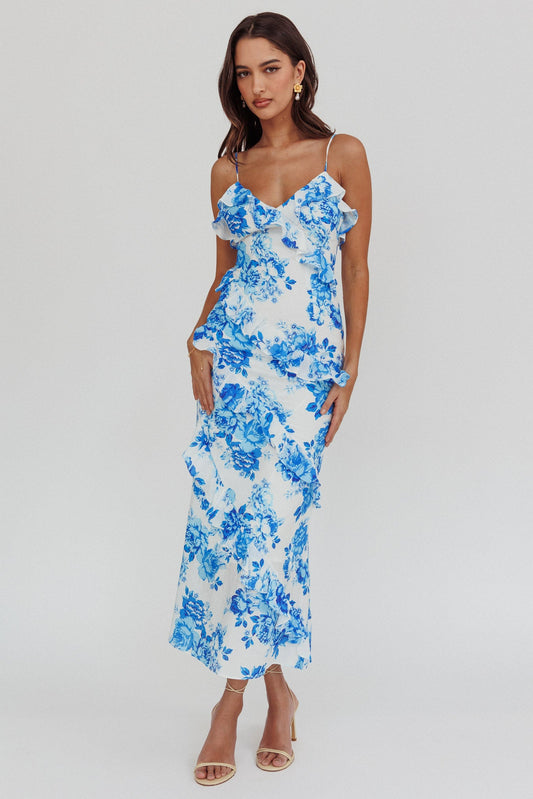 Abito lungo con volant Silvana blu floreale