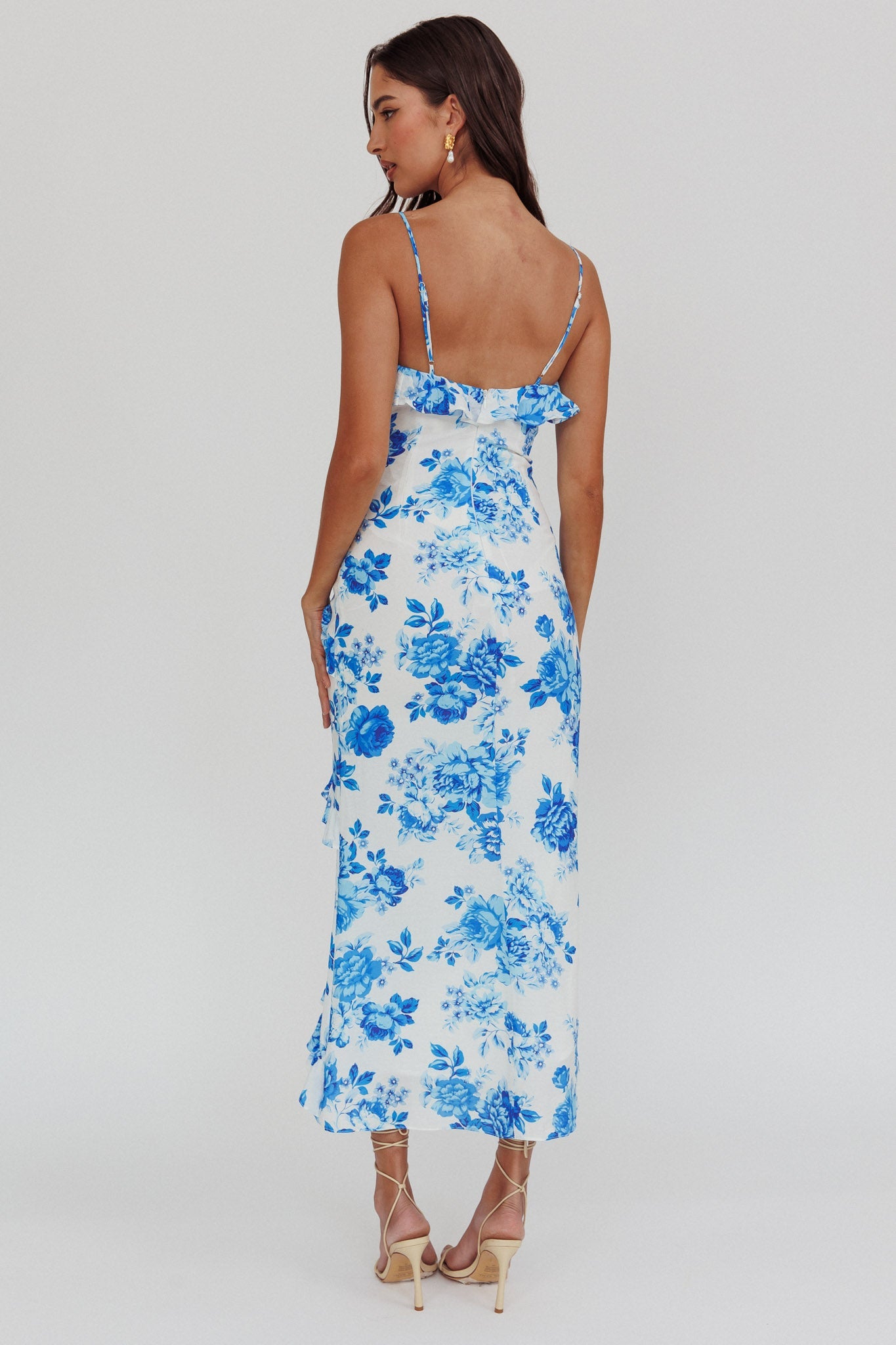 Abito lungo con volant Silvana blu floreale