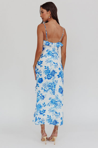 Abito lungo con volant Silvana blu floreale