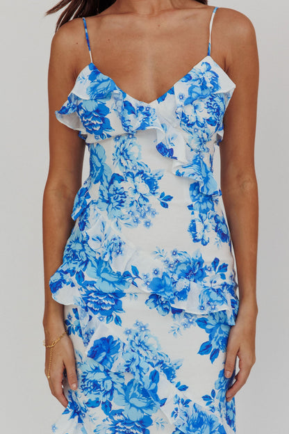 Abito lungo con volant Silvana blu floreale