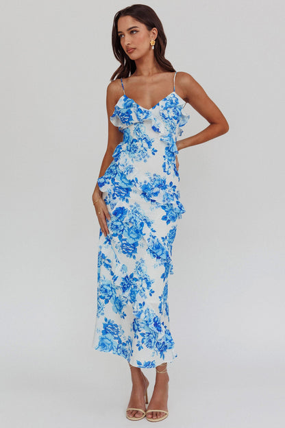 Abito lungo con volant Silvana blu floreale