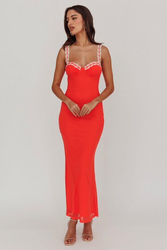 Abito lungo rosso con spalline in pizzo Girl Power