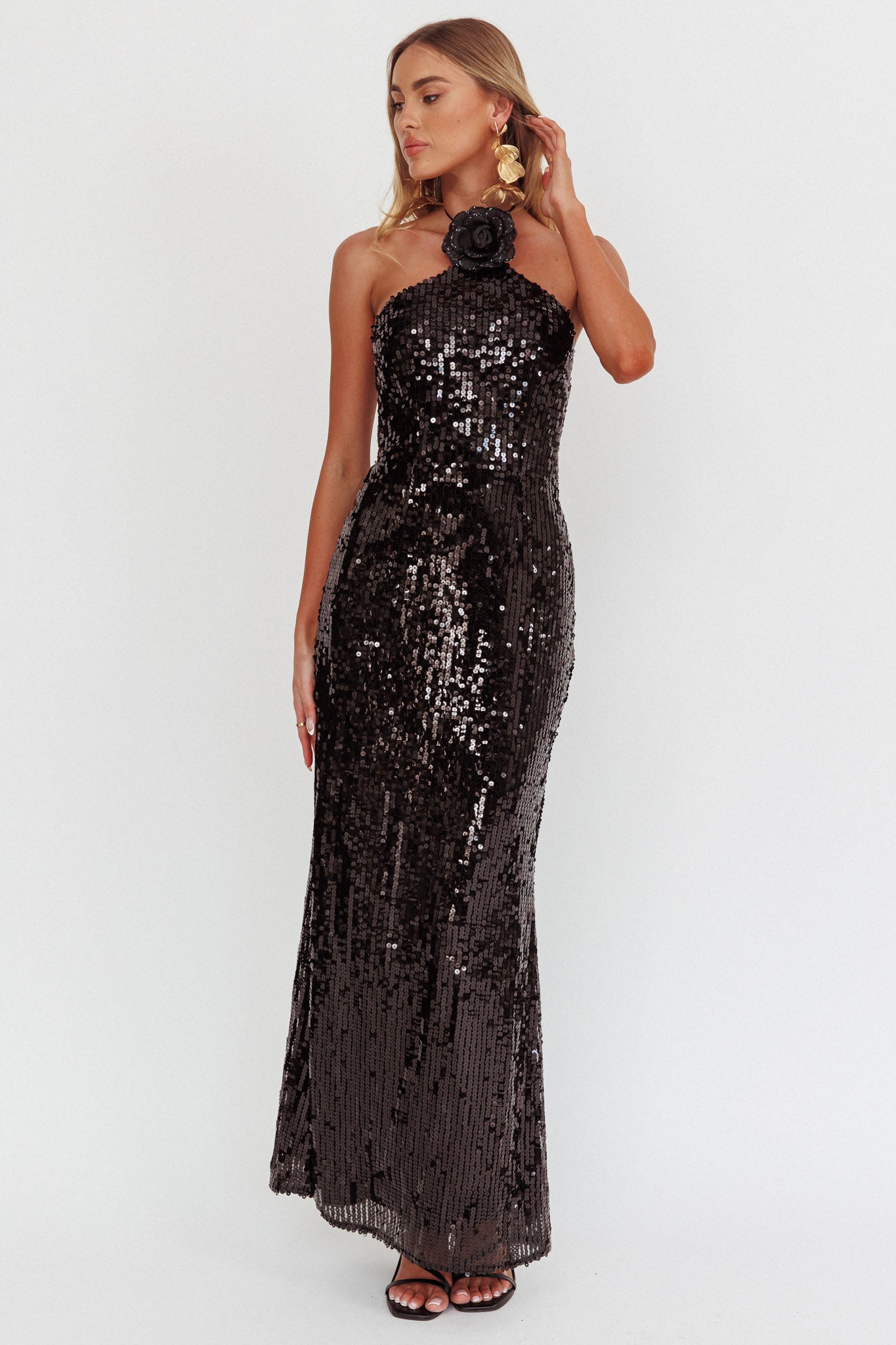 Abito con scollo a V e decorazione floreale High Roller, paillettes, nero