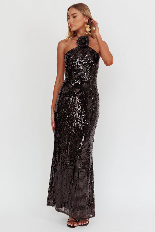 Abito con scollo a V e decorazione floreale High Roller, paillettes, nero