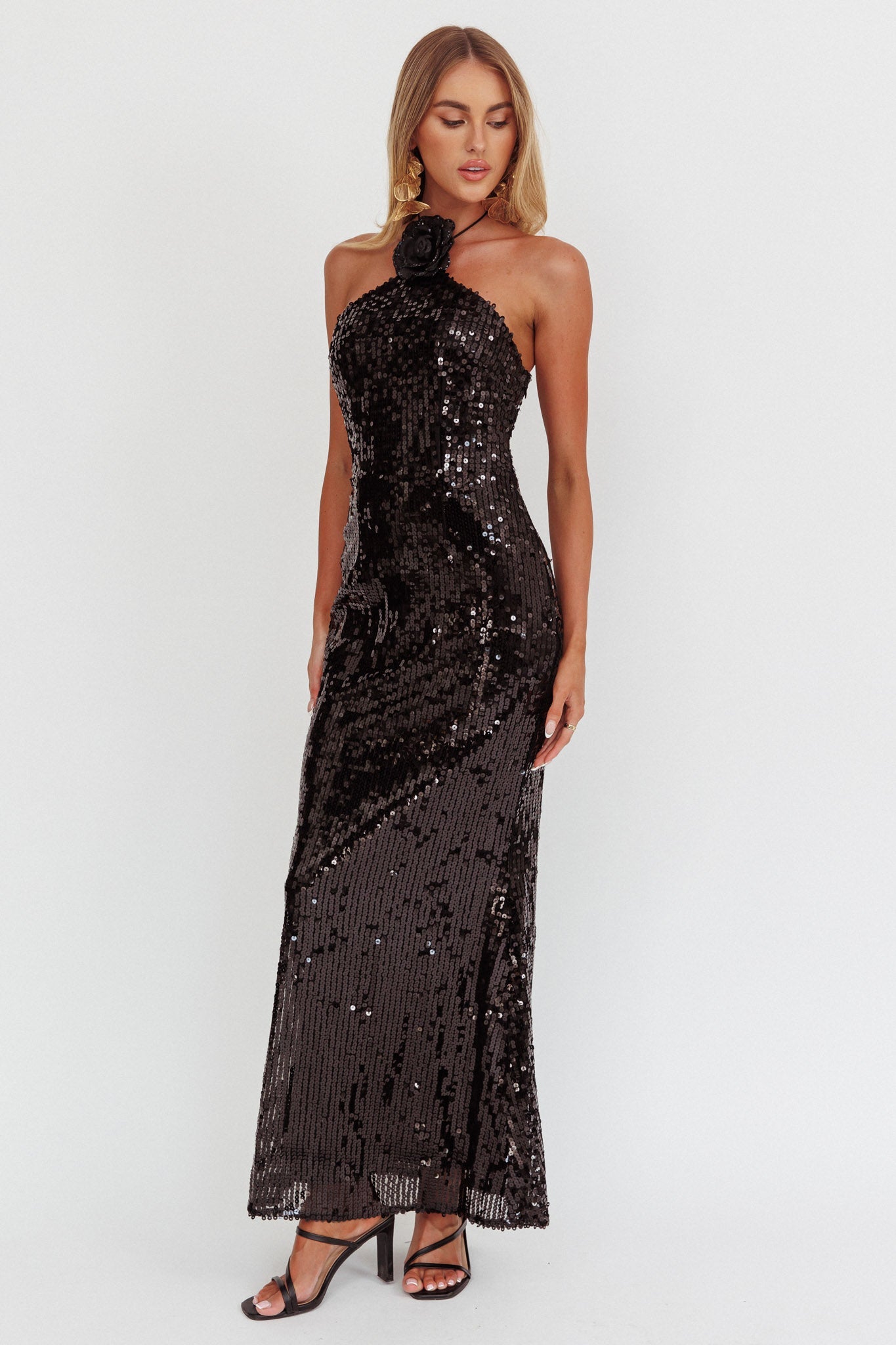 Abito con scollo a V e decorazione floreale High Roller, paillettes, nero