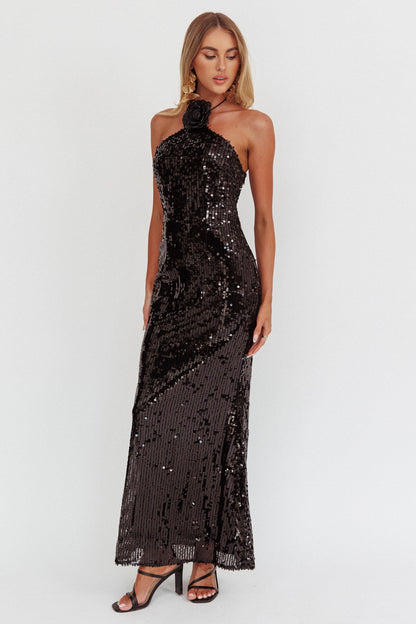 Abito con scollo a V e decorazione floreale High Roller, paillettes, nero