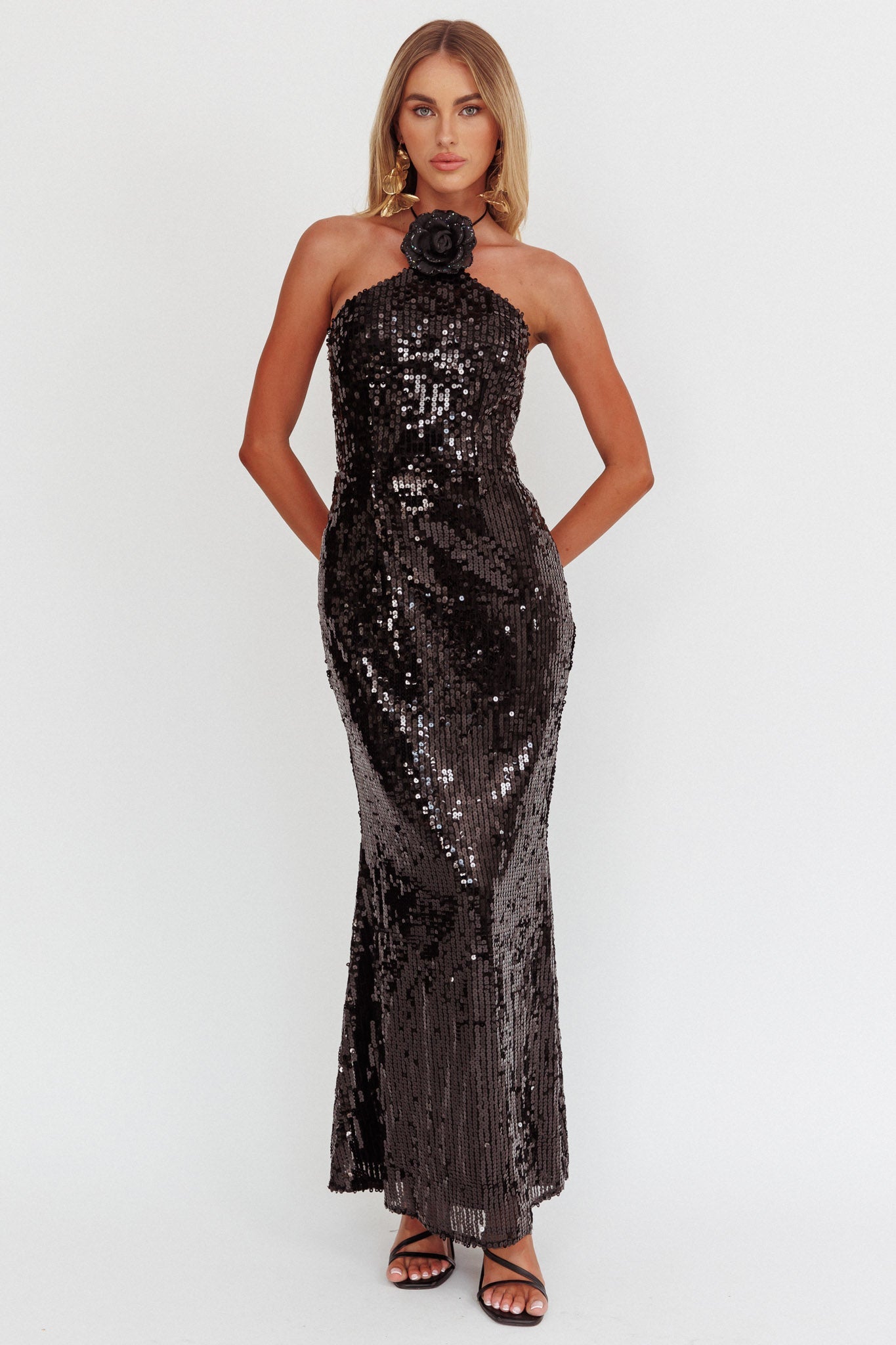 Abito con scollo a V e decorazione floreale High Roller, paillettes, nero