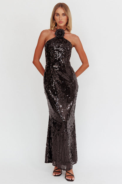Abito con scollo a V e decorazione floreale High Roller, paillettes, nero