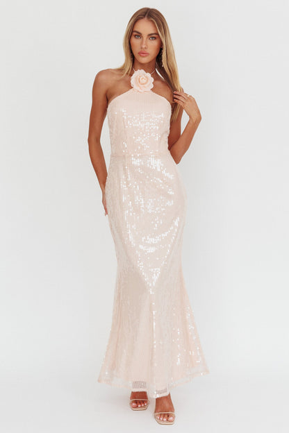 Abito con scollo a V e decorazione floreale High Roller, paillettes rosa